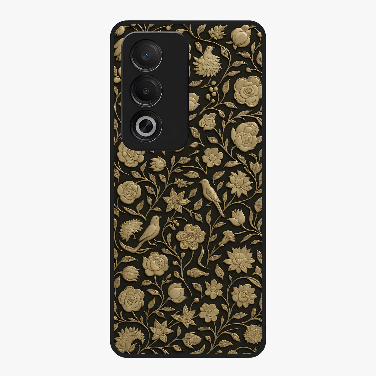 Golden Floral Majesty Glass Case showing flat back view with luxurious golden floral artwork and glossy glass finish.