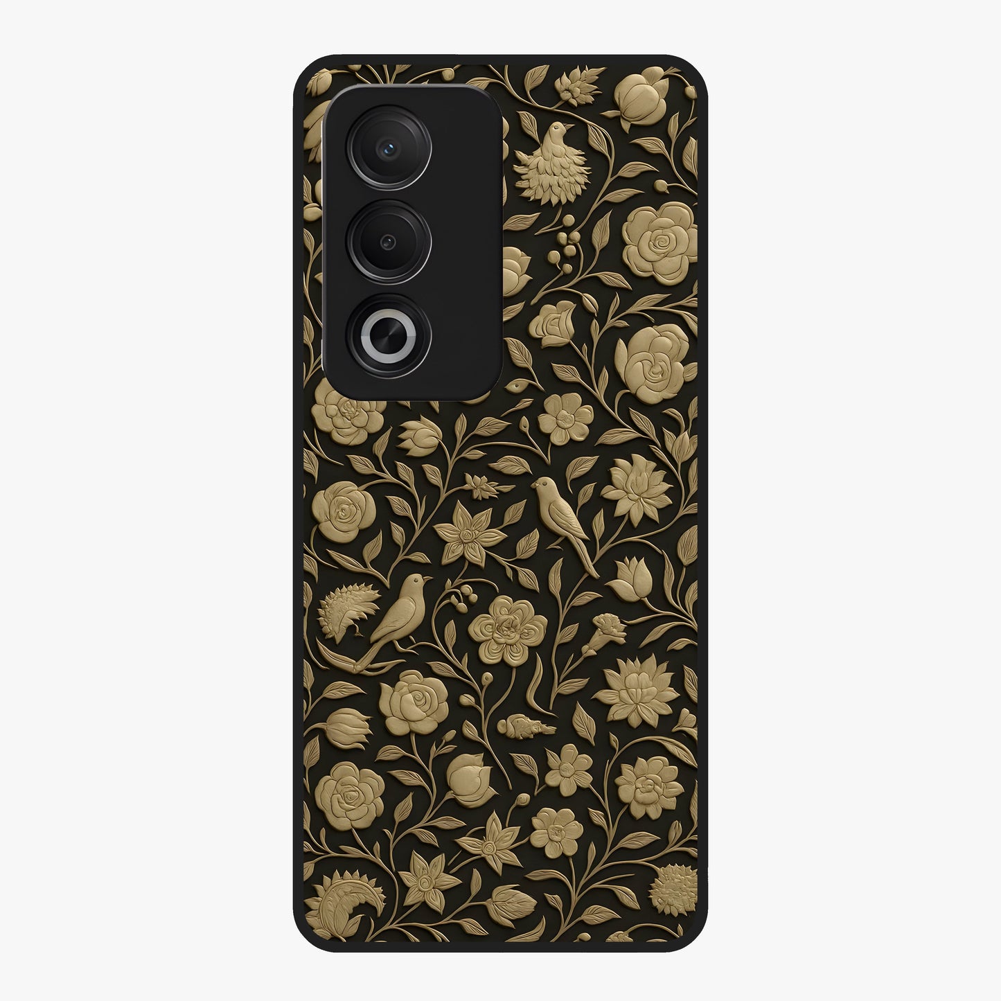 Golden Floral Majesty Glass Case showing flat back view with luxurious golden floral artwork and glossy glass finish.
