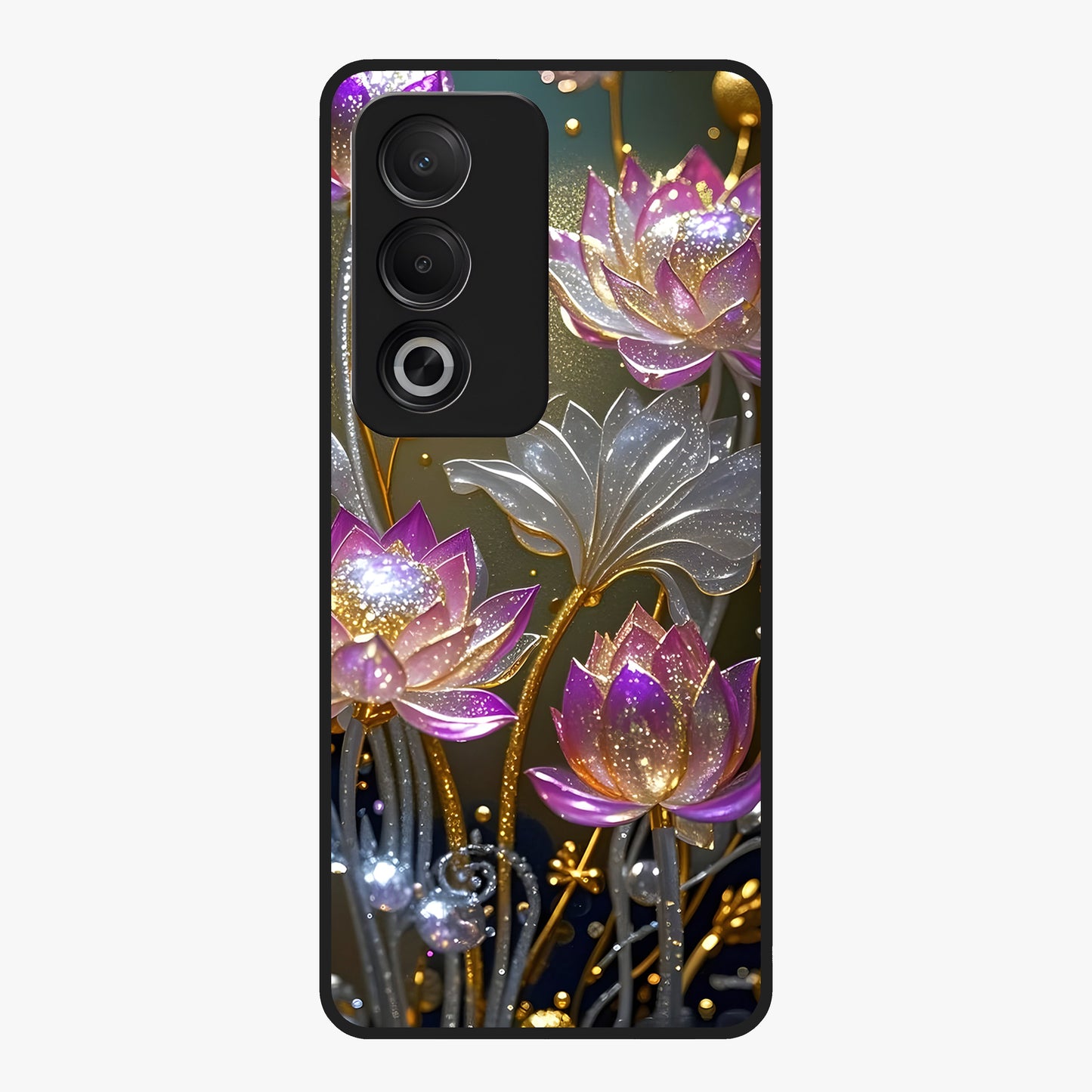 Golden Lotus Glow Glass Case showing flat back view with glowing lotus flower artwork and glossy glass finish.