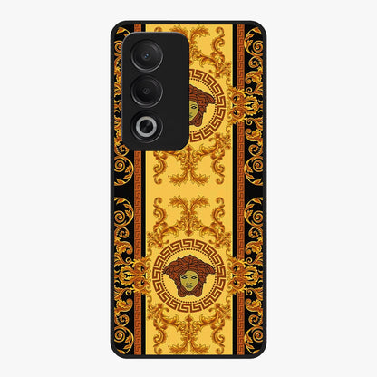 Golden Royal Heritage Glass Case showing flat back view with ornate royal pattern artwork and glossy glass finish.