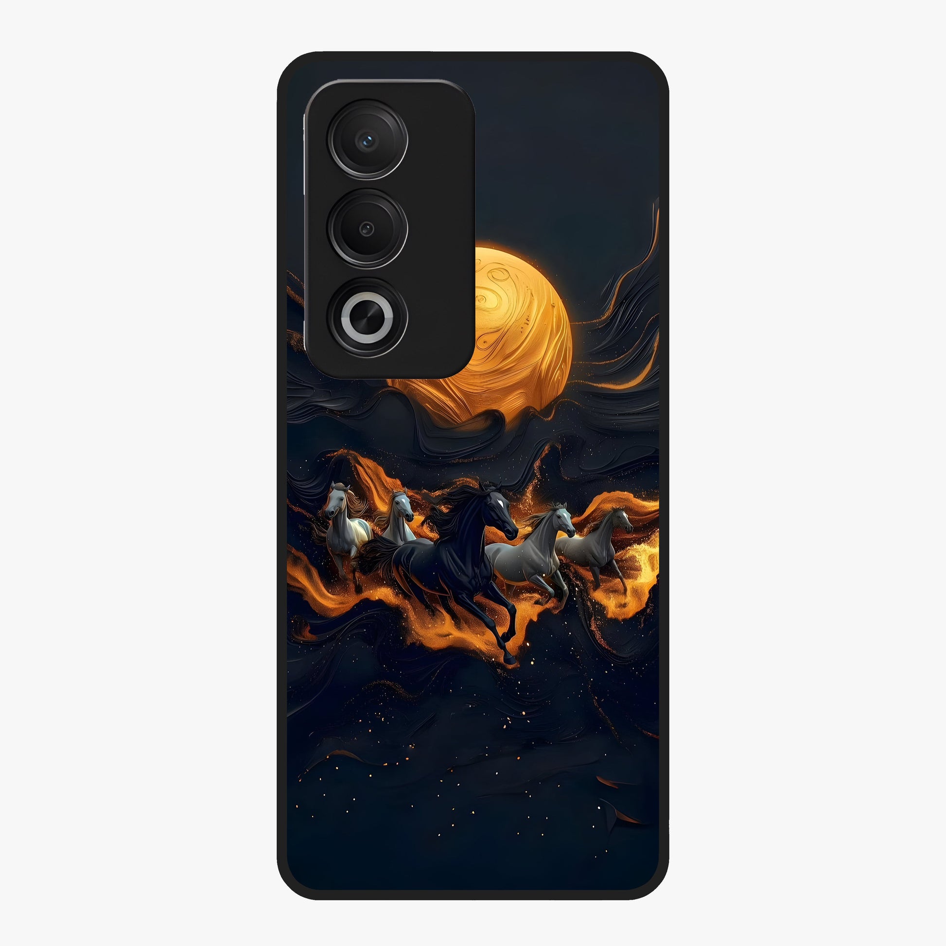Golden Stallion Moonride Glass Case showing flat back view with majestic horse under moonlight artwork and glossy glass finish.