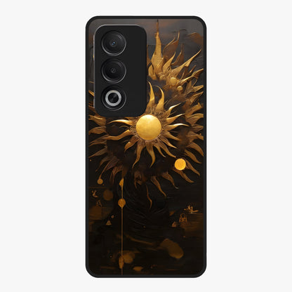 Golden Sun Majesty Glass Case showing flat back view with radiant golden sun artwork and glossy glass finish.