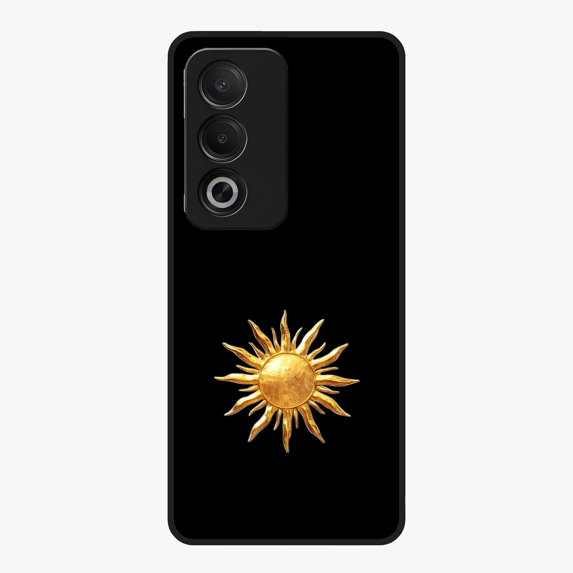 Golden Sun Minimalism Glass Case showing flat back view with minimal golden sun artwork and glossy glass finish.