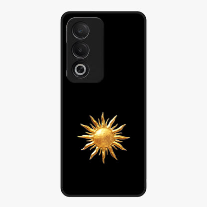 Golden Sun Minimalism Glass Case showing flat back view with minimal golden sun artwork and glossy glass finish.