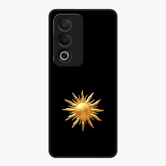 Golden Sun Minimalism Glass Case showing flat back view with minimal golden sun artwork and glossy glass finish.
