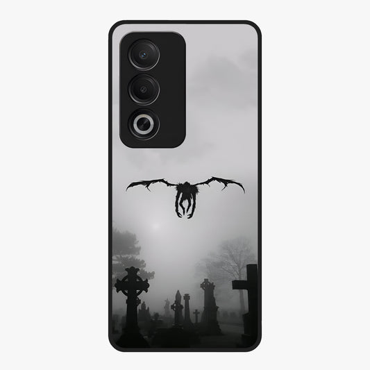 Graveyard Shadow Descent Glass Case showing flat back view with dark graveyard themed artwork and glossy glass finish.