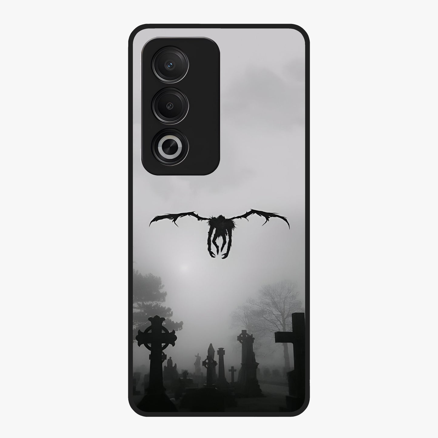 Graveyard Shadow Descent Glass Case showing flat back view with dark graveyard themed artwork and glossy glass finish.