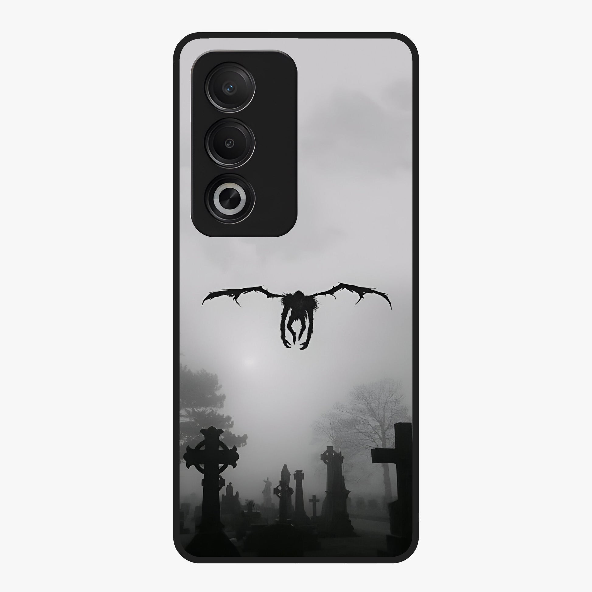 Graveyard Shadow Descent Glass Case showing flat back view with dark graveyard themed artwork and glossy glass finish.