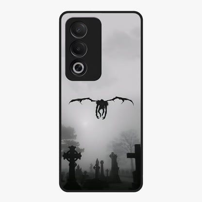 Graveyard Shadow Descent Glass Case showing flat back view with dark graveyard themed artwork and glossy glass finish.