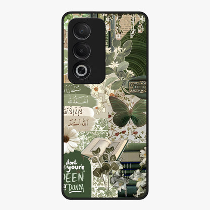 Green Islamic Books Quotes Glass Case showing flat back view with Islamic quotes and book themed artwork and glossy glass finish.