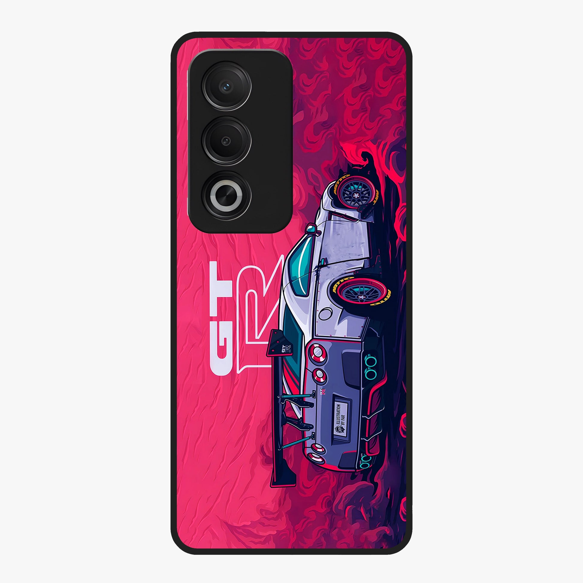 GT-R Car Pattern Glass Case showing flat back view with sporty car inspired pattern artwork and glossy glass finish.