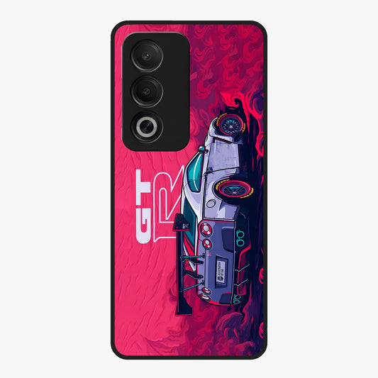 GT-R Car Pattern Glass Case showing flat back view with sporty car inspired pattern artwork and glossy glass finish.