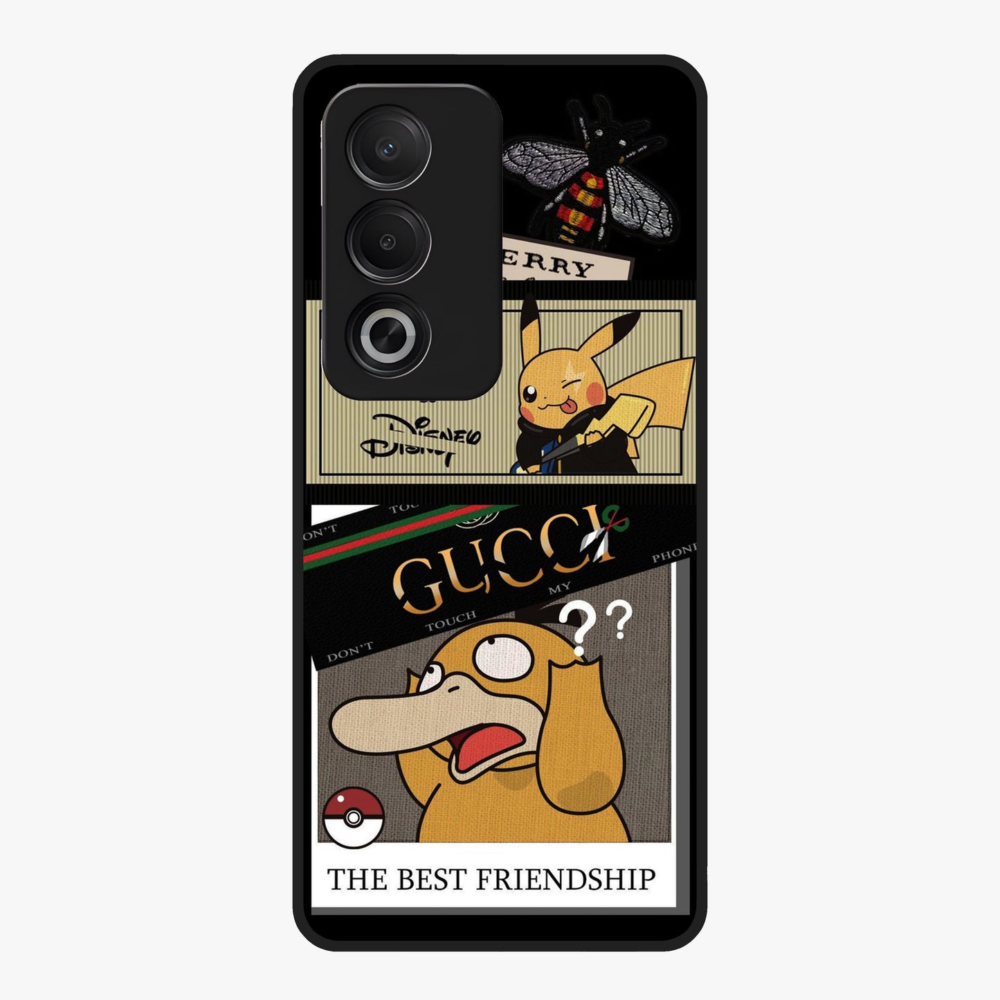 Gucci Play Mashup Glass Case showing flat back view with luxury inspired graphic artwork and glossy glass finish.