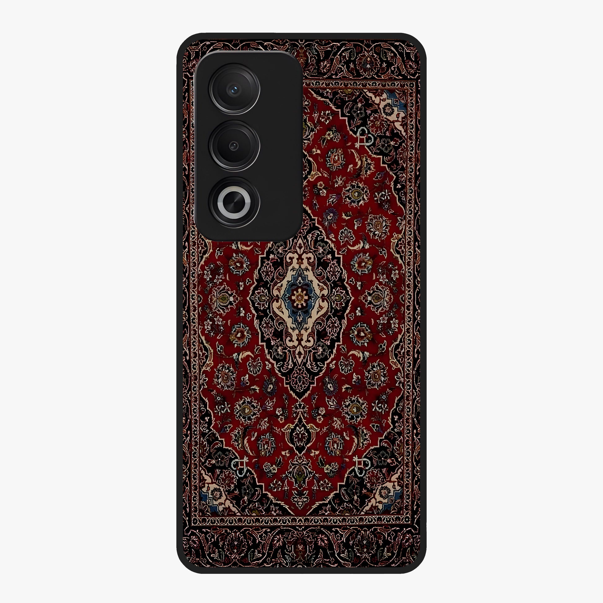 Heritage Carpet Royale Glass Case showing flat back view with ornate Persian carpet inspired pattern and glossy glass finish.