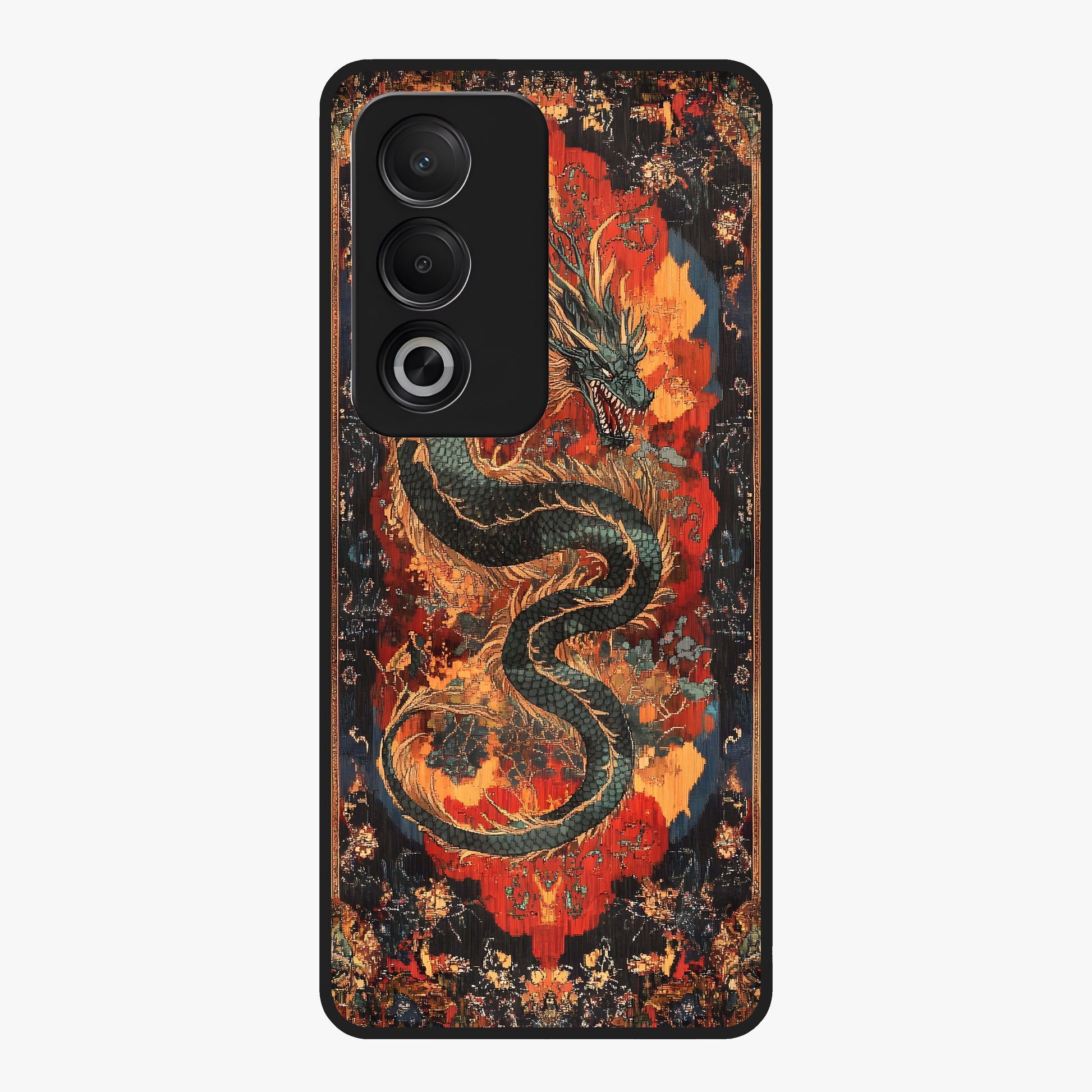 Inferno Dragon Soul Glass Case showing flat back view with fiery dragon artwork and glossy glass finish.