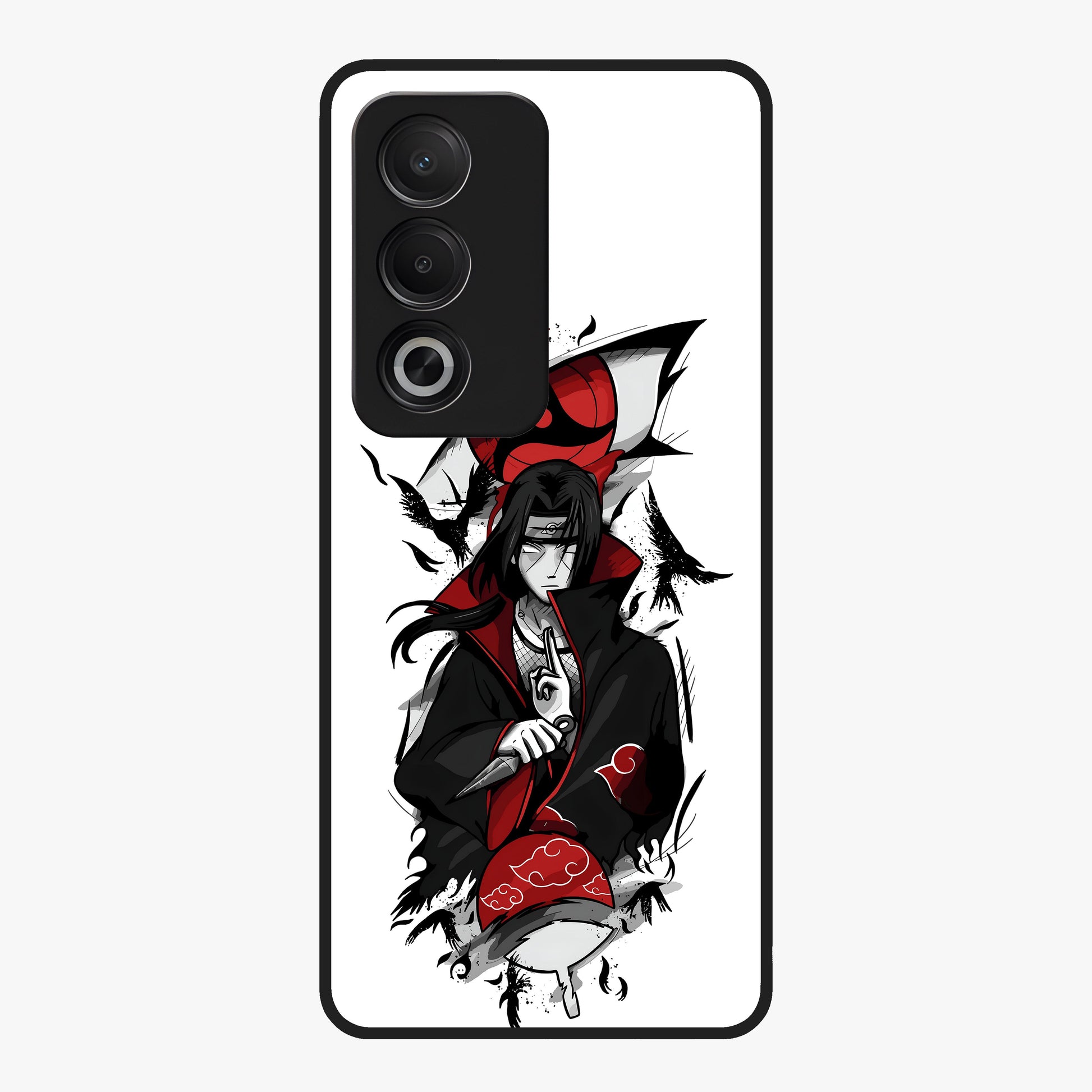 Itachi Sharingan Glass Case showing flat back view with powerful anime eye artwork and glossy glass finish.
