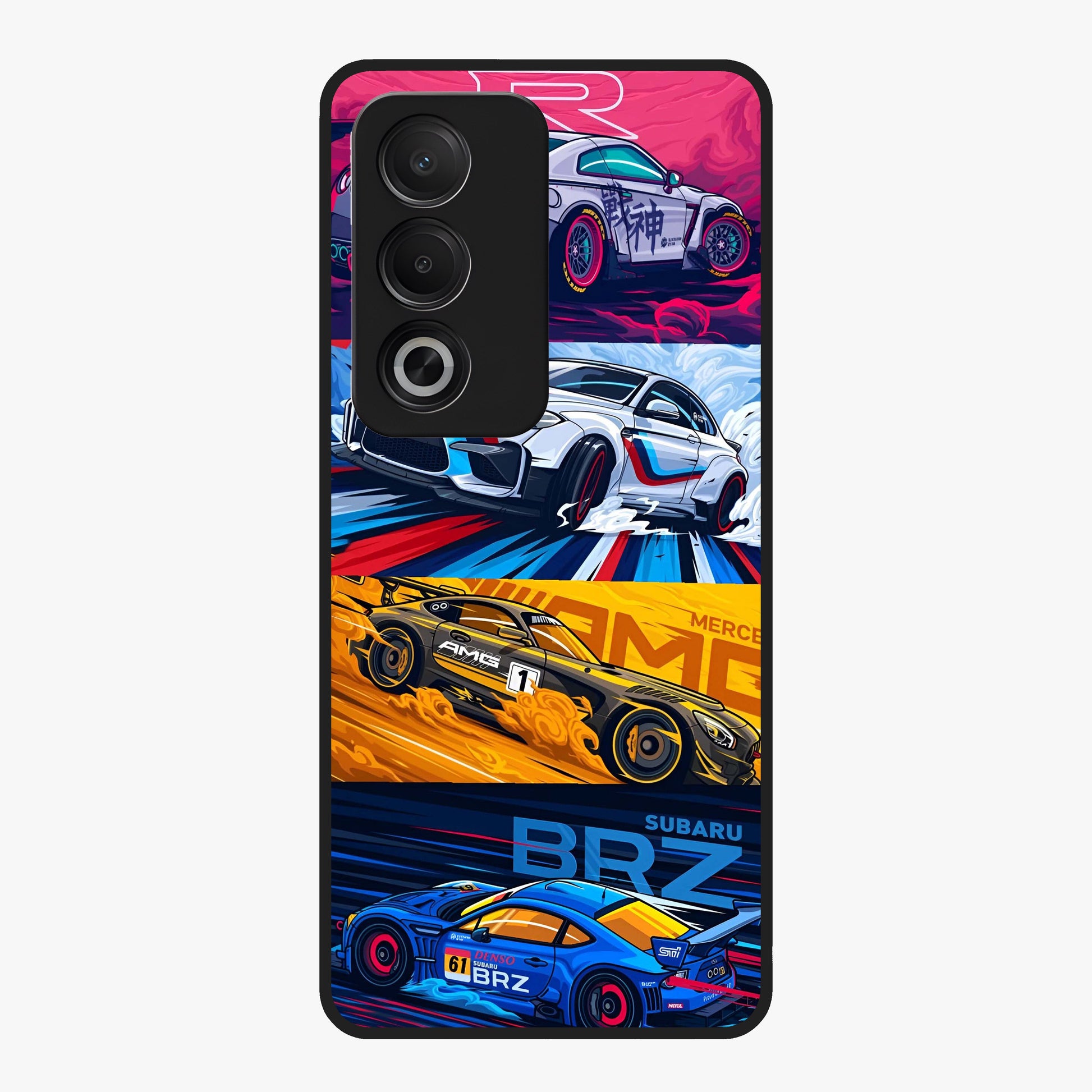 JDM Sports Car Glass Case showing flat back view with high performance sports car artwork and glossy glass finish.