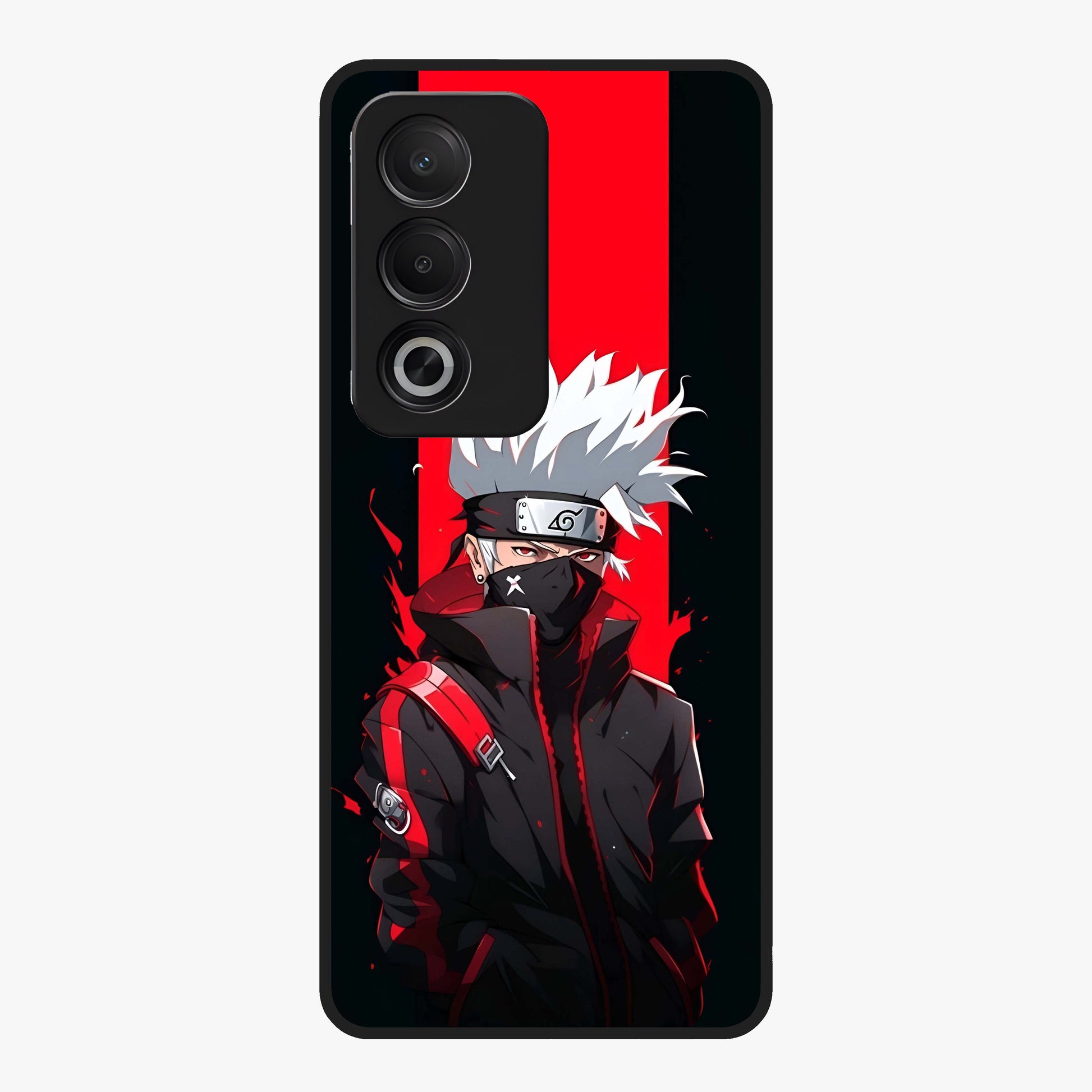 Kakashi Scarlet Shadow Glass Case showing flat back view with powerful anime ninja artwork and glossy glass finish.