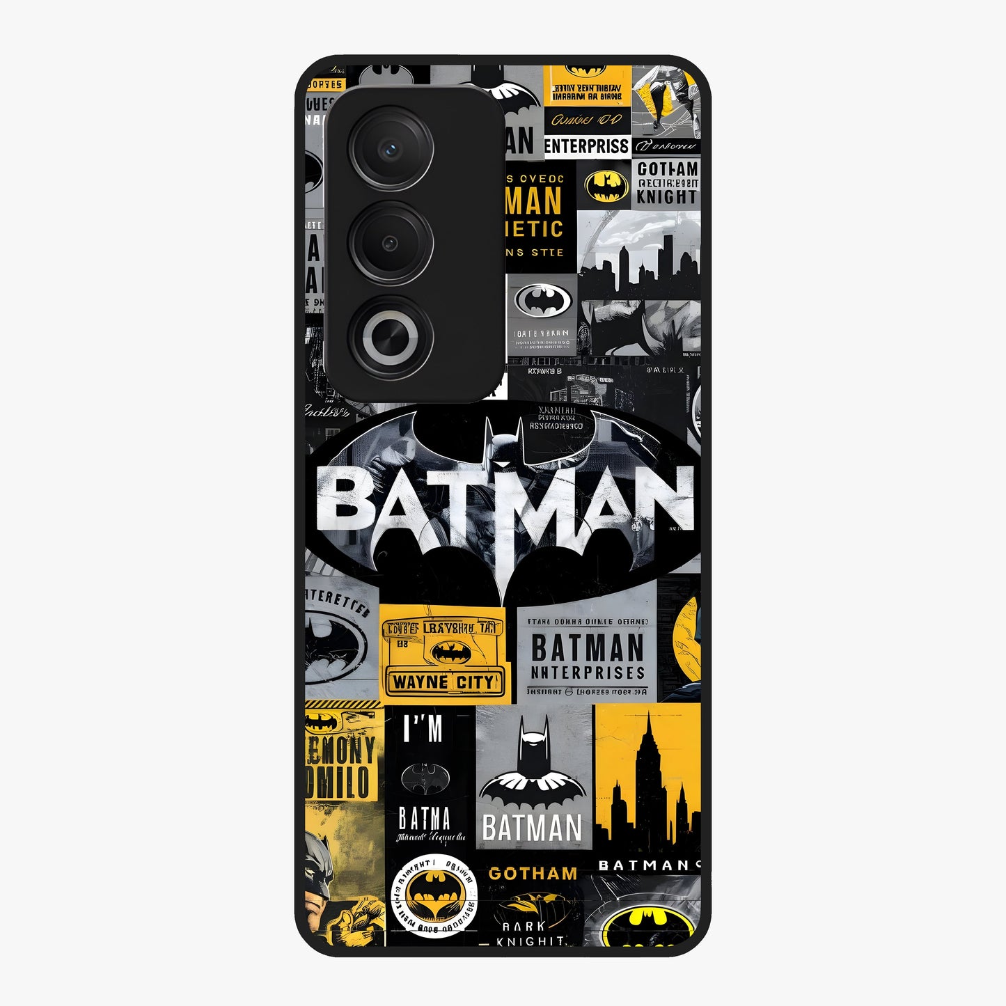 Knight Gotham Rise Glass Case showing flat back view with dark hero inspired artwork and glossy glass finish.