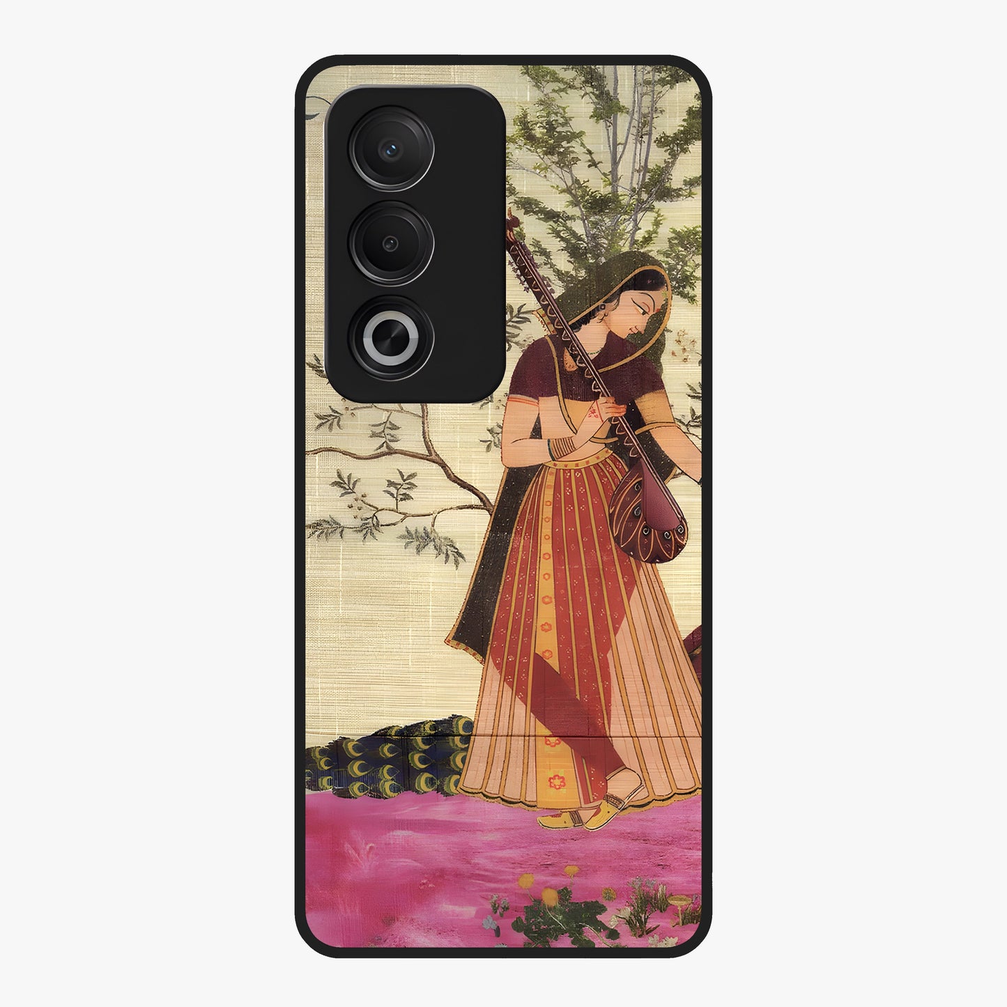 Lady With Veena Art Glass Case showing flat back view with elegant woman playing veena artwork and glossy glass finish.