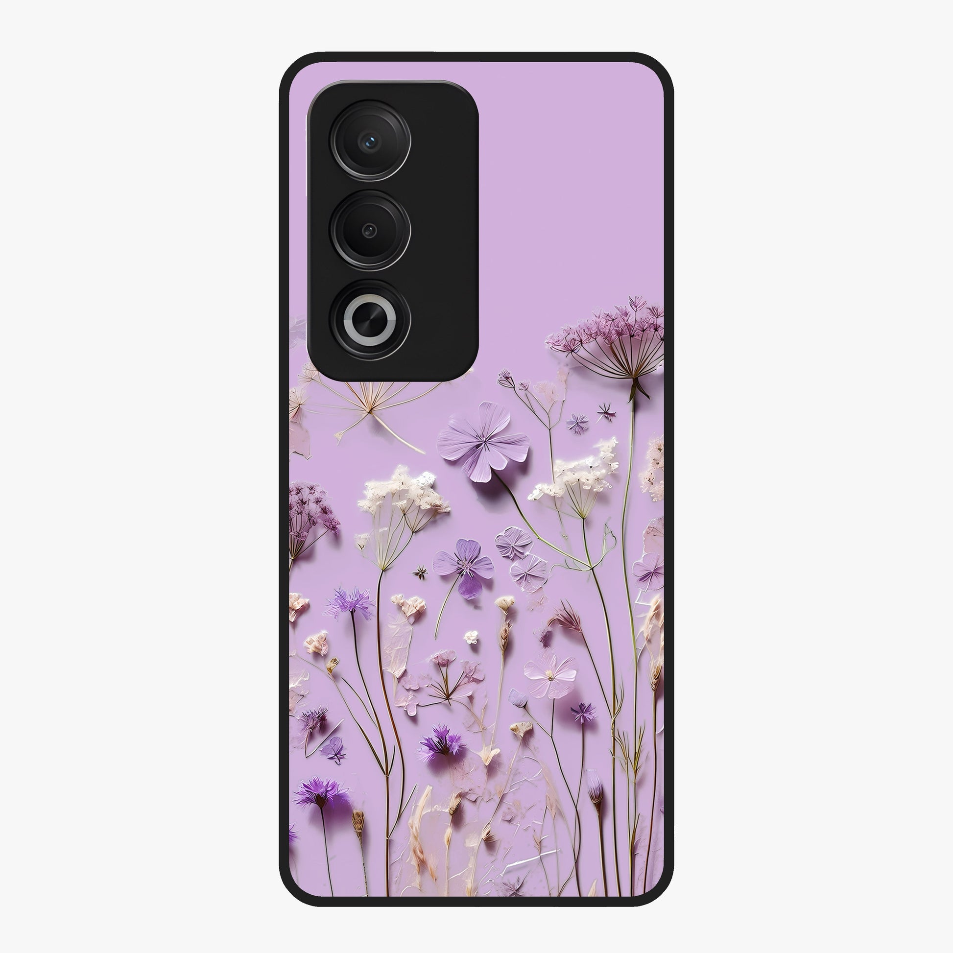 Lavender Blossom Dream Glass Case showing flat back view with soft lavender floral artwork and glossy glass finish.