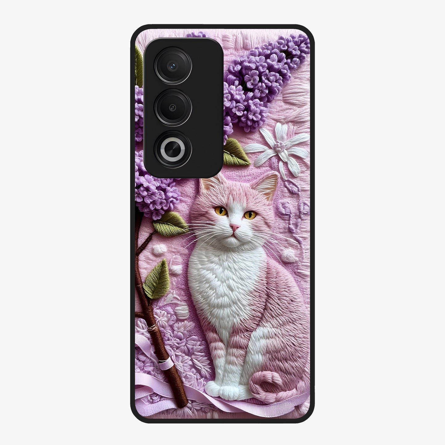 Lavender Cat Whimsy Glass Case showing flat back view with cute lavender cat artwork and glossy glass finish.