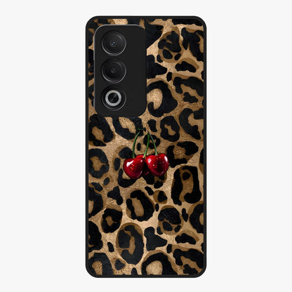 Leopard Wild Cherry Glass Case showing flat back view with leopard pattern and cherry artwork and glossy glass finish.