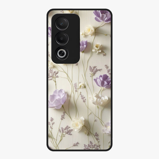 Lilac Breeze Harmony Glass Case showing flat back view with soft lilac themed artwork and glossy glass finish.