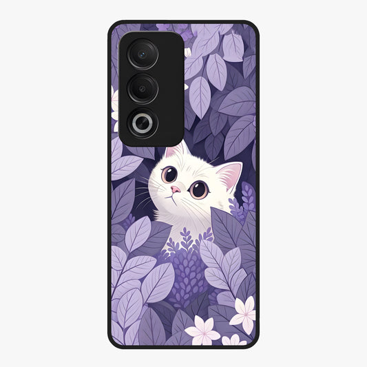 Lilac Hide Peek Cat Glass Case showing flat back view with cute peeking cat artwork and glossy glass finish.