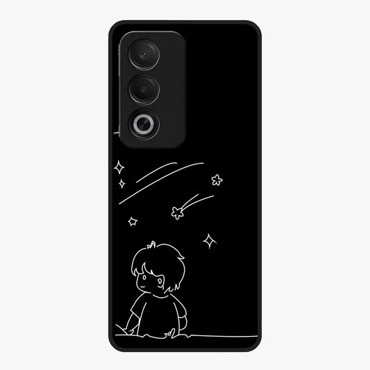 Line Art Boy With Shooting Stars Glass Case showing flat back view with minimal line art boy and shooting stars illustration and glossy glass finish.