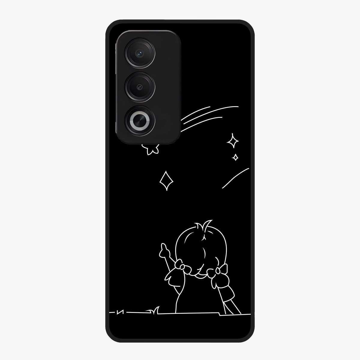 Line Art Girl With Shooting Stars Glass Case showing flat back view with minimal line art girl and shooting stars illustration and glossy glass finish.