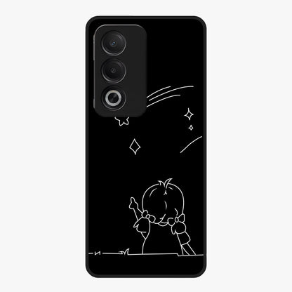 Line Art Girl With Shooting Stars Glass Case showing flat back view with minimal line art girl and shooting stars illustration and glossy glass finish.