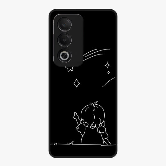 Line Art Girl With Shooting Stars Glass Case showing flat back view with minimal line art girl and shooting stars illustration and glossy glass finish.