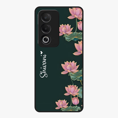 Lotus Bloom Serenity Custom Name Glass Case showing flat back view with elegant lotus flower artwork and personalized name design.
