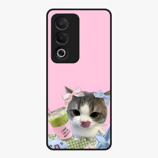 Love Matcha Cat Glass Case showing flat back view with cute cat and matcha themed artwork and glossy glass finish.