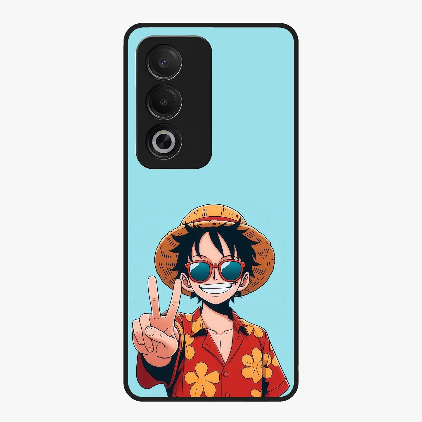 Luffy Summer Anime Vibe Glass Case showing flat back view with vibrant anime character artwork and glossy glass finish.