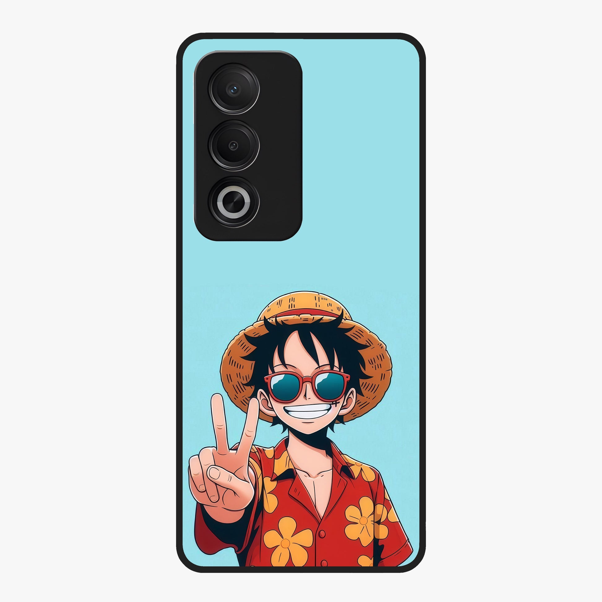 Luffy Summer Anime Vibe Glass Case showing flat back view with vibrant anime character artwork and glossy glass finish.