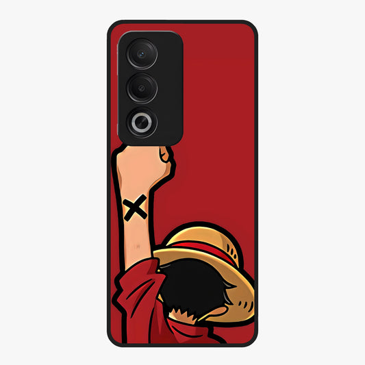 Luffy X Spirit Glass Case showing flat back view with bold anime character artwork and glossy glass finish.