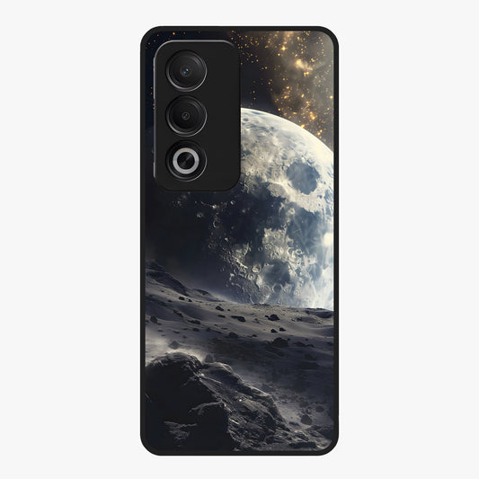 Lunar Horizon Glow Glass Case showing flat back view with glowing moon horizon artwork and glossy glass finish.