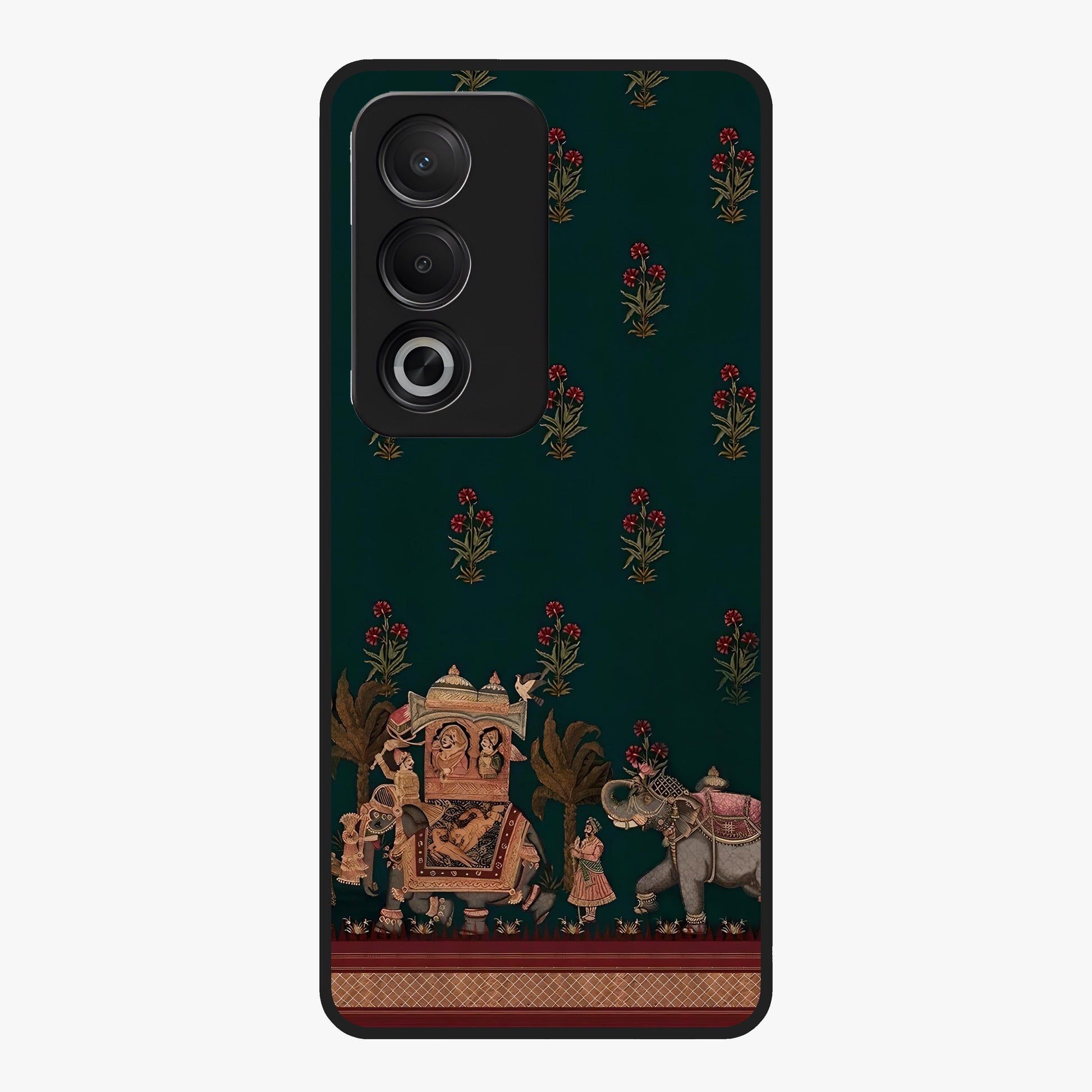Macmerise Glass Case showing flat back view with stylish modern artwork and glossy glass finish.