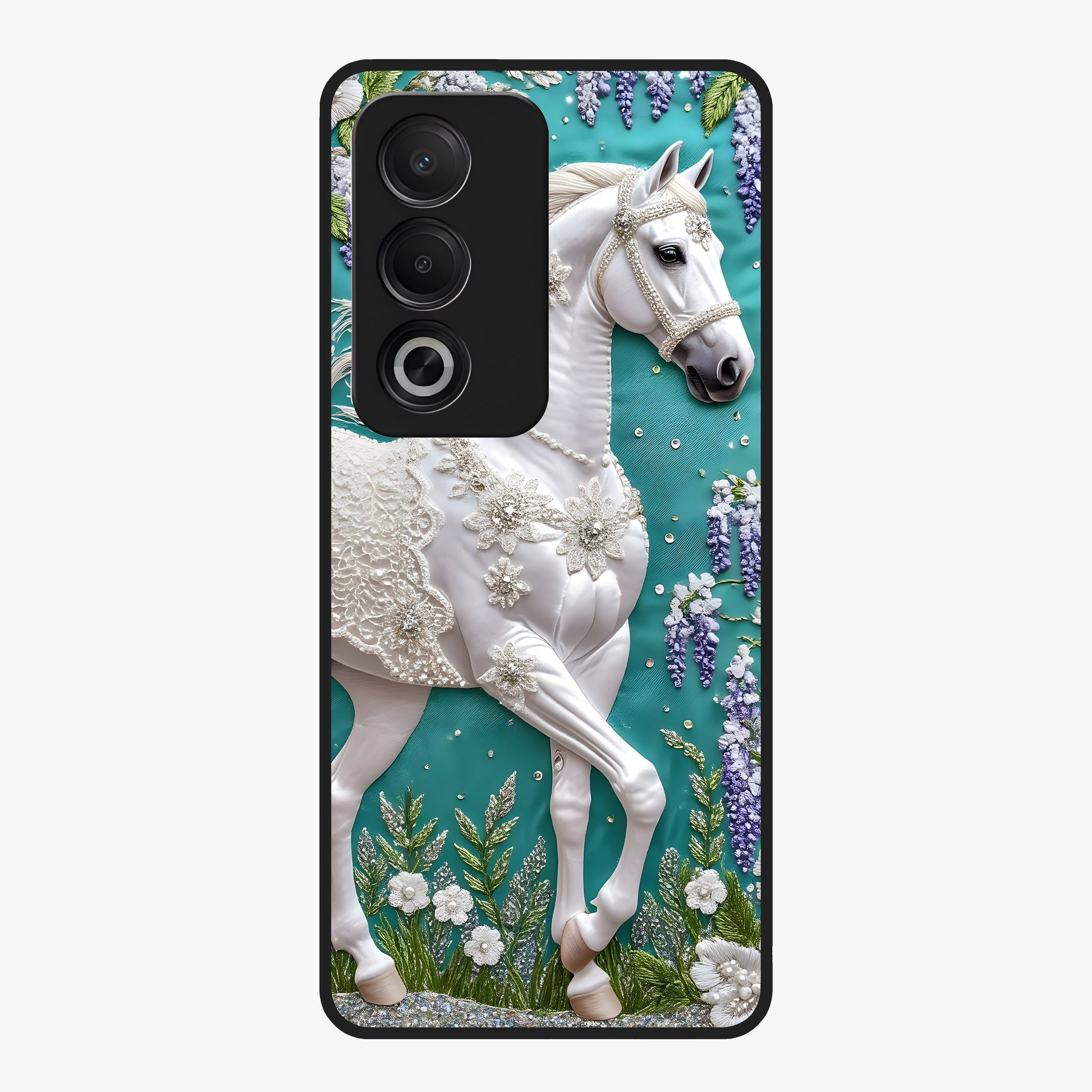 Majestic Floral Stallion Glass Case showing flat back view with powerful horse and floral artwork and glossy glass finish.