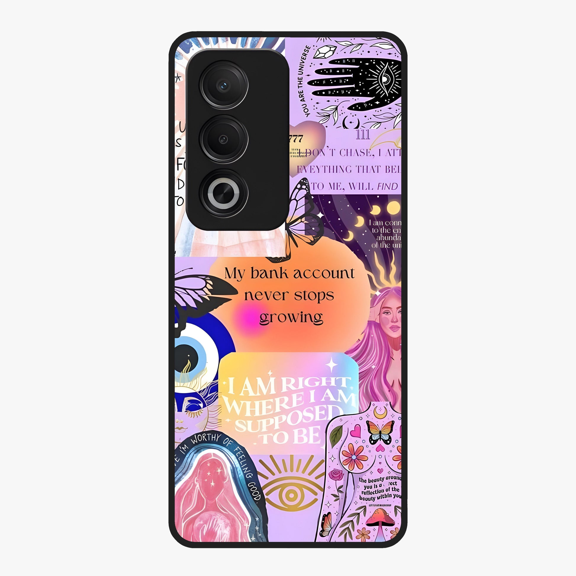 Manifestation Collage Glass Case showing flat back view with motivational collage artwork and glossy glass finish.