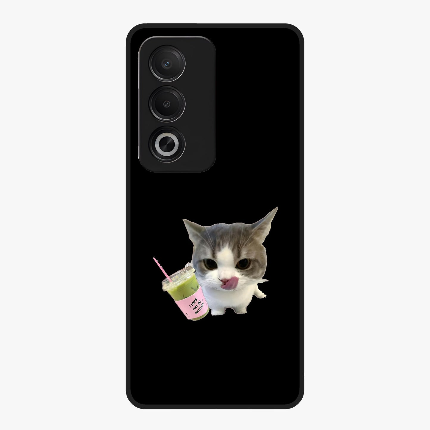 Matcha Cat Style Glass Case showing flat back view with cute matcha themed cat artwork and glossy glass finish.