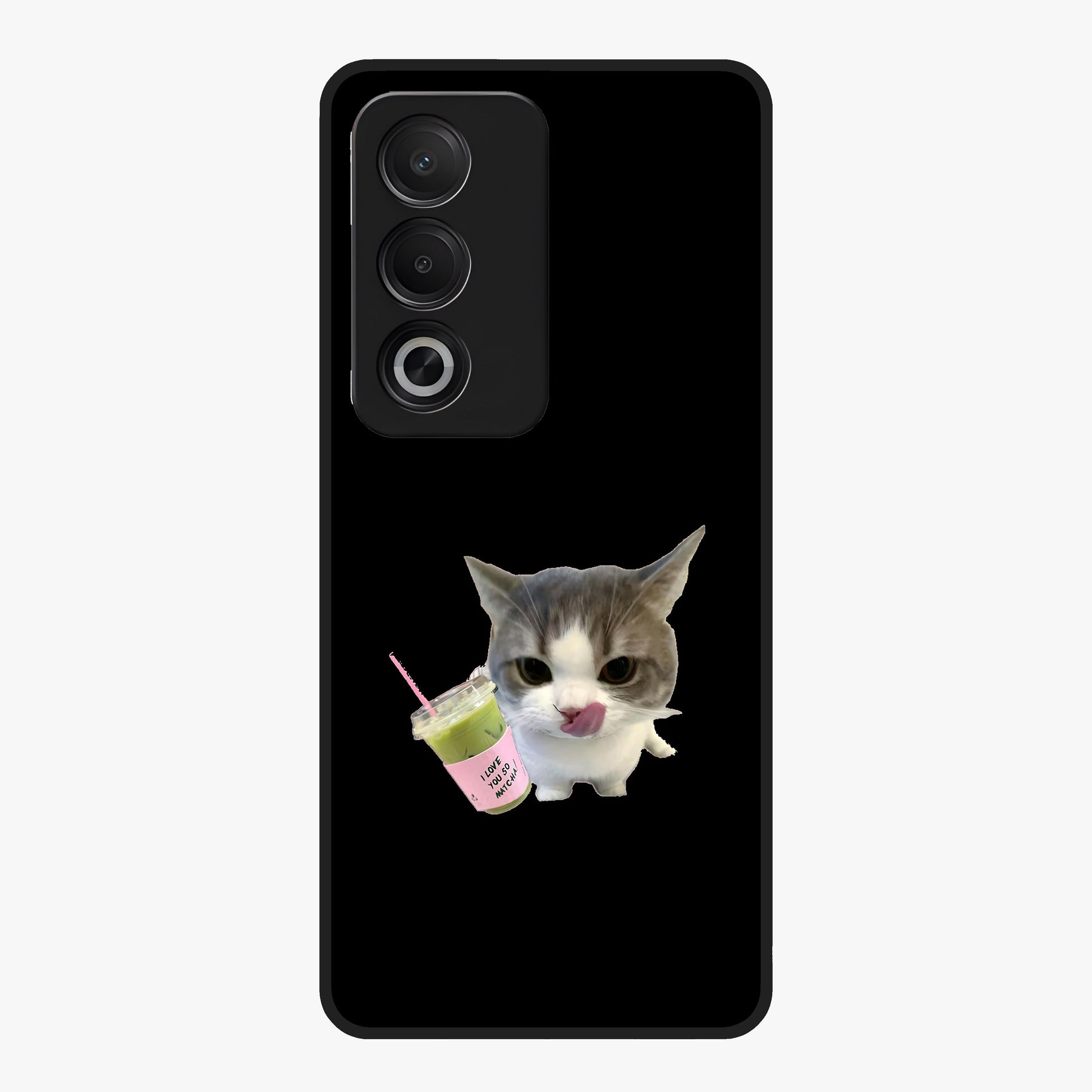 Matcha Cat Style Glass Case showing flat back view with cute matcha themed cat artwork and glossy glass finish.