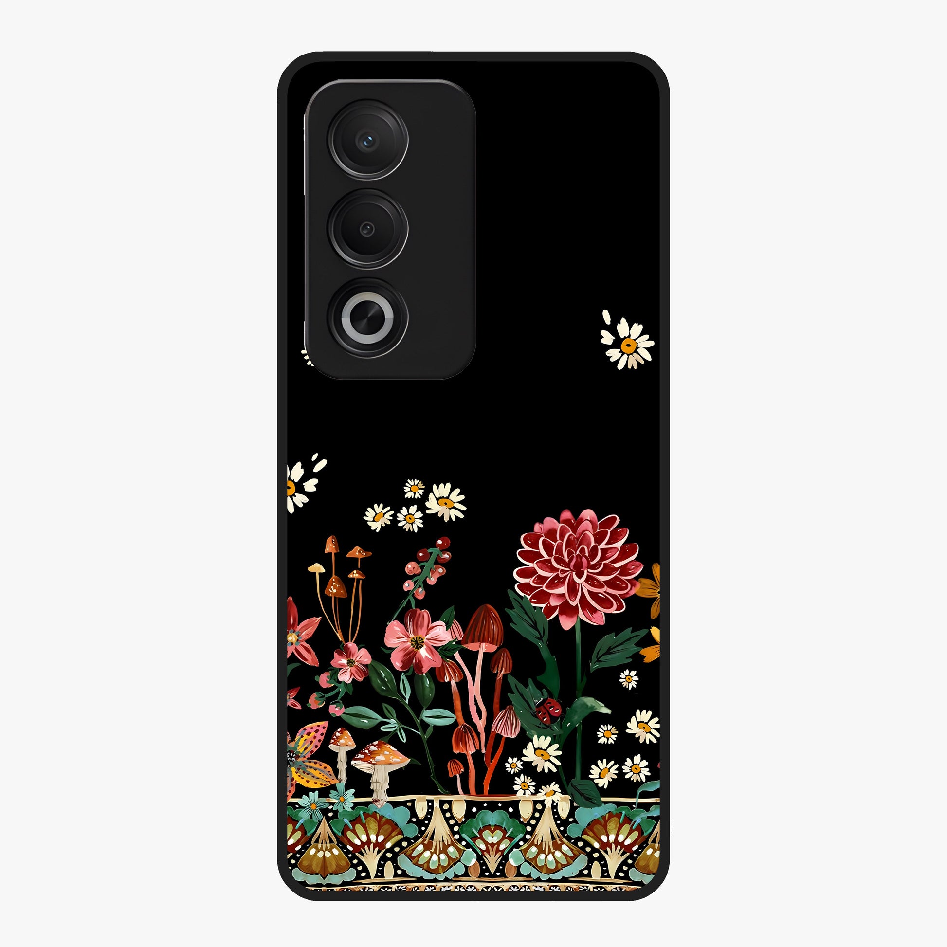 Midnight Bloom Pattern Glass Case showing flat back view with dark floral pattern artwork and glossy glass finish.