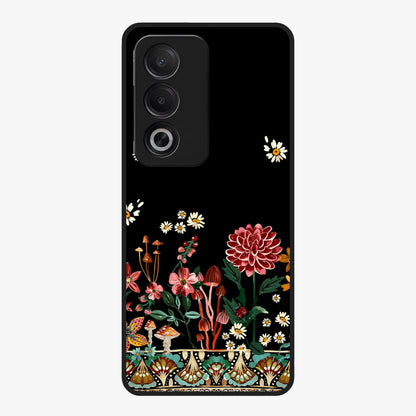 Midnight Bloom Pattern Glass Case showing flat back view with dark floral pattern artwork and glossy glass finish.