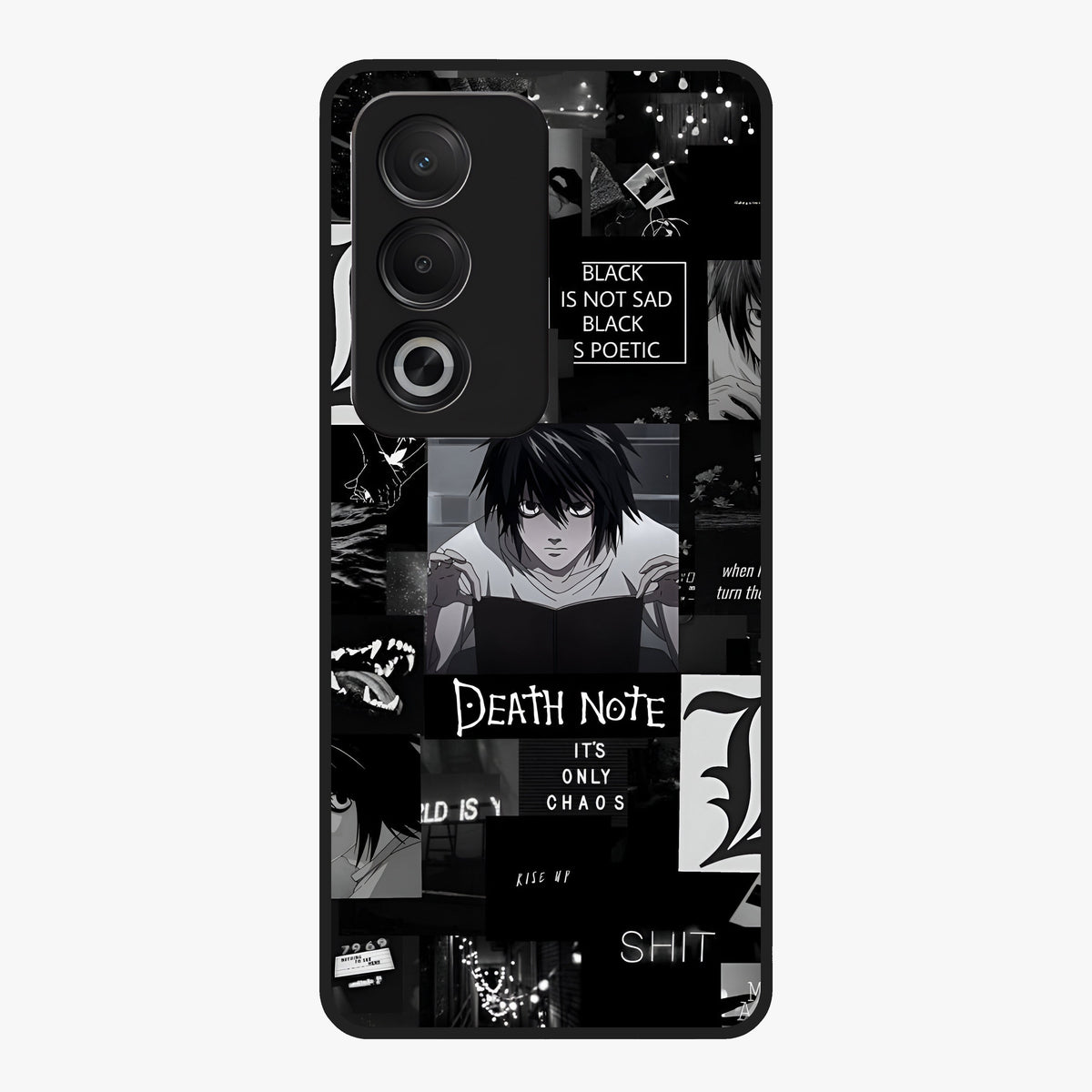 Midnight Chaos Mind Glass Case showing flat back view with abstract dark themed artwork and glossy glass finish.