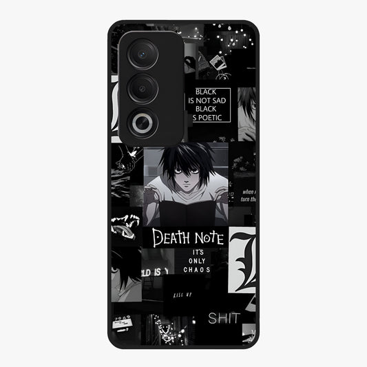 Midnight Chaos Mind Glass Case showing flat back view with abstract dark themed artwork and glossy glass finish.