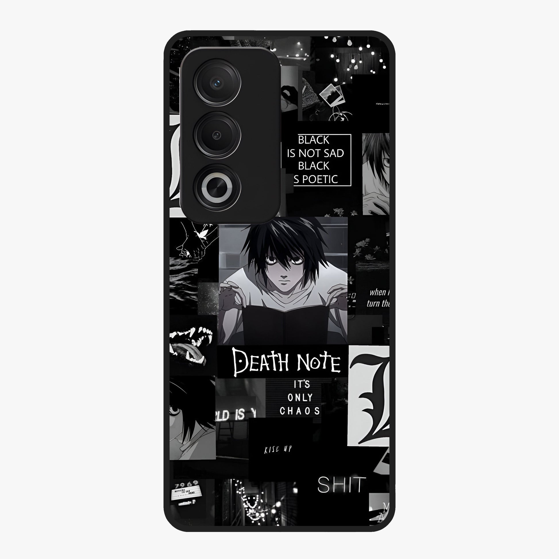 Midnight Chaos Mind Glass Case showing flat back view with abstract dark themed artwork and glossy glass finish.