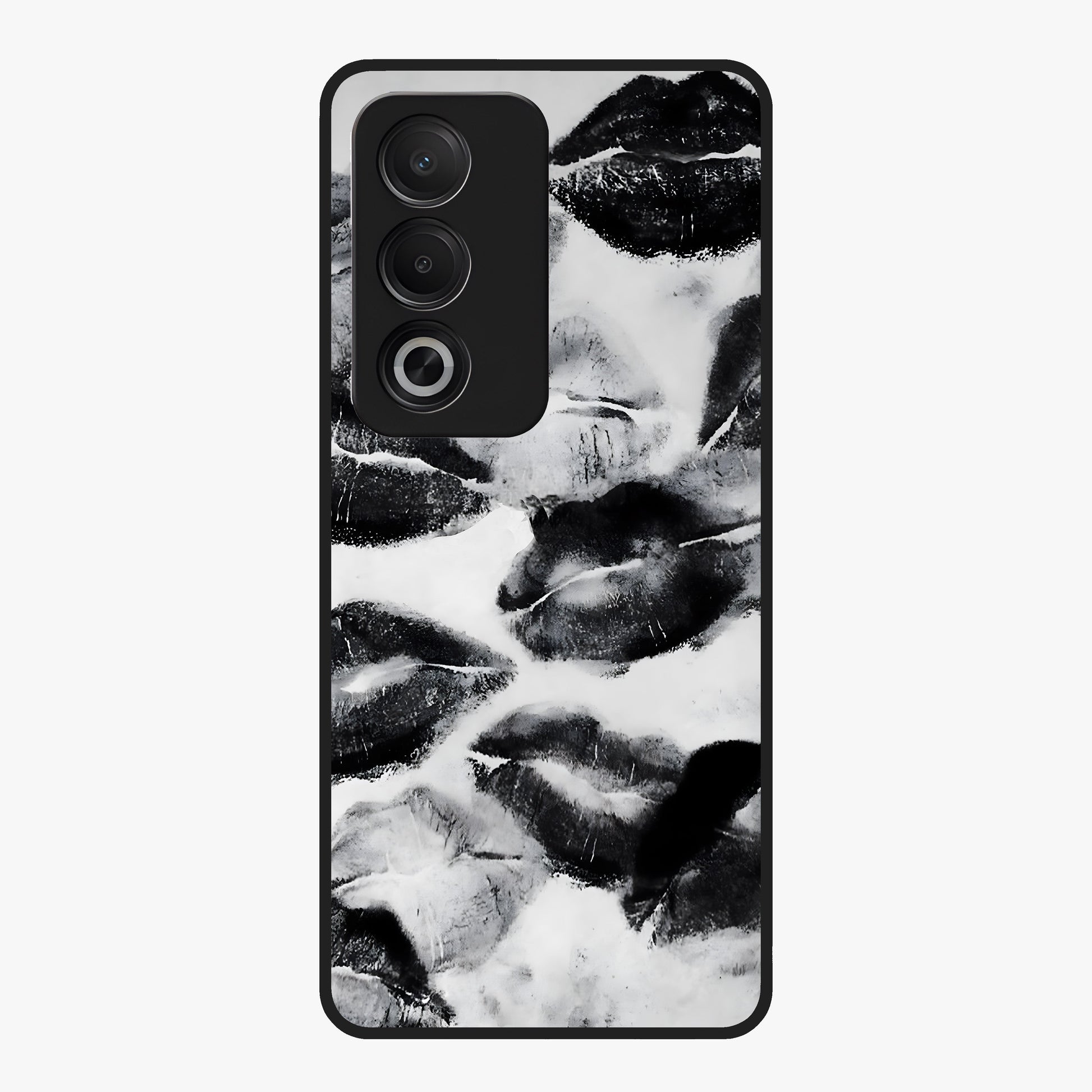 Midnight Kiss Marks Glass Case showing flat back view with lipstick kiss mark artwork and glossy glass finish.